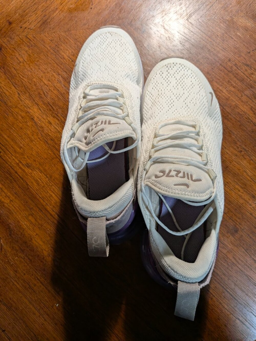 Nike Air Max 270 Women’s Running Shoes - Light Beige with Purple Accent - Picture 3 of 5